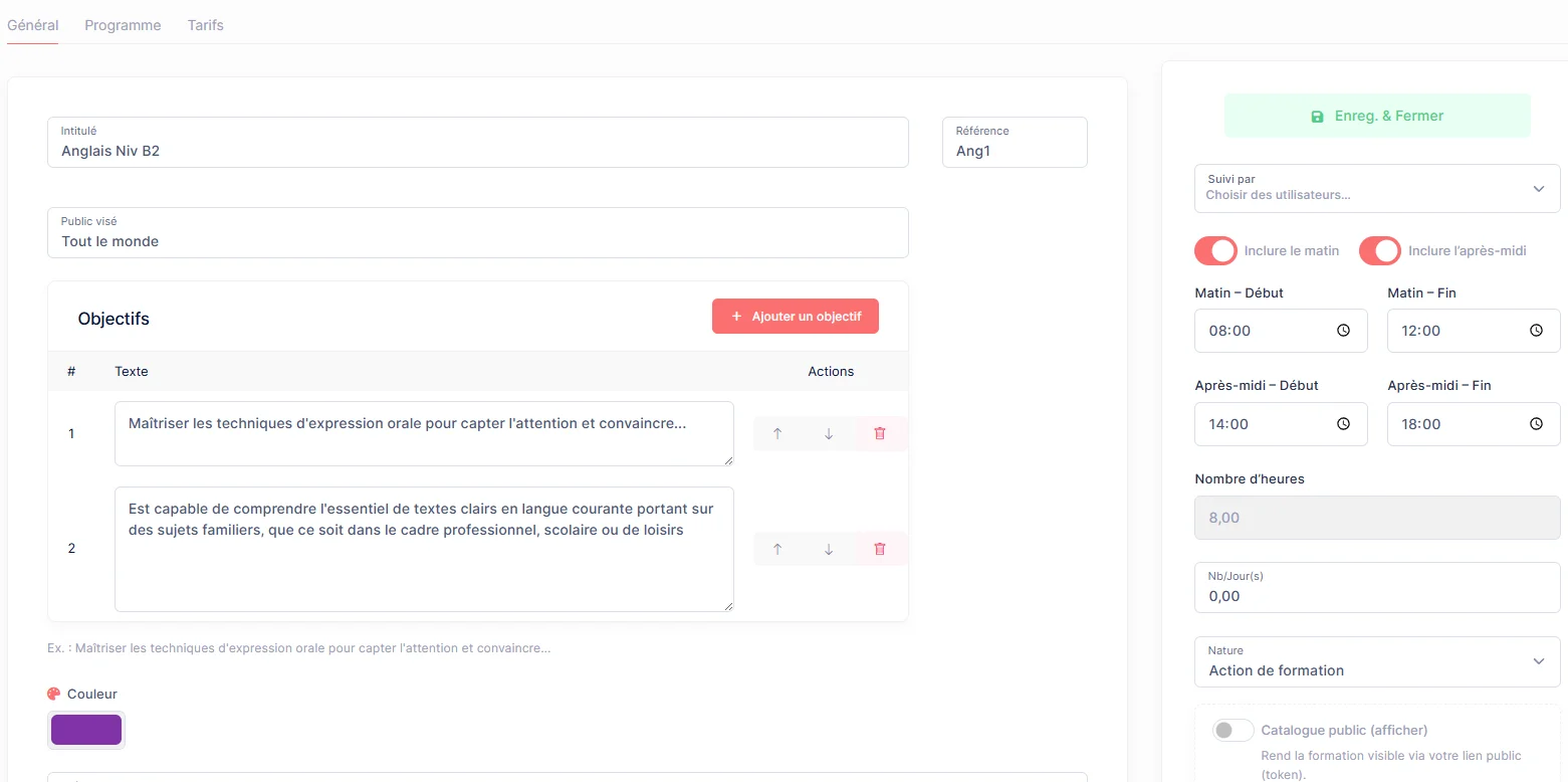 Interface d'un logiciel pour organisme de formation : détail d'une formation avec programme, sessions et apprenants
