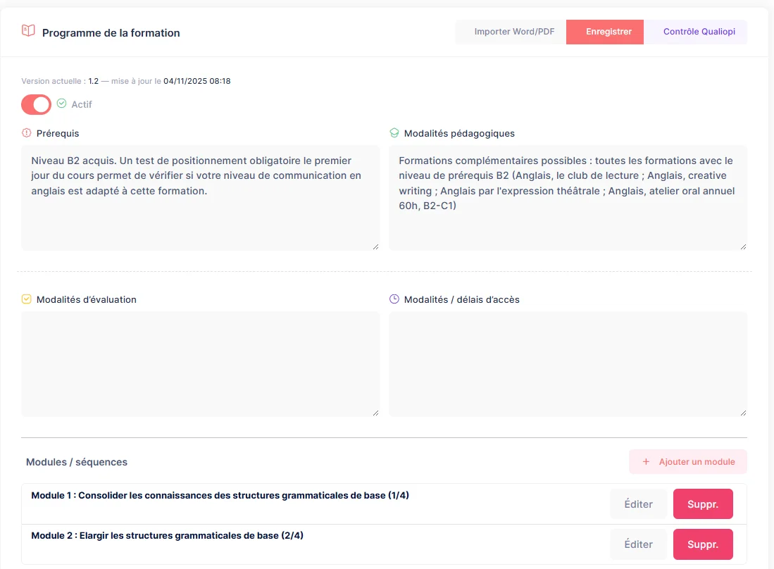 Programme de formation avec modules